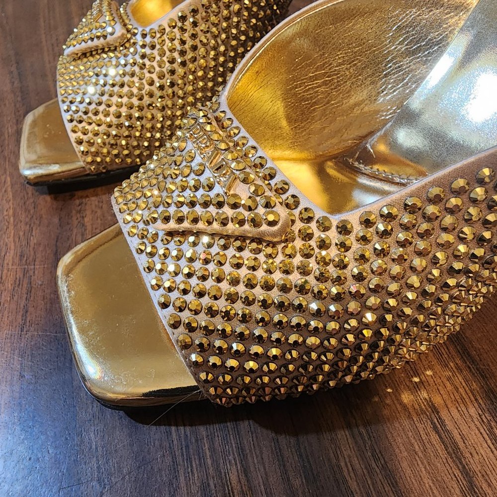 Prada Gold Crystal High Heel Satin Slides - Picture 3 of 5